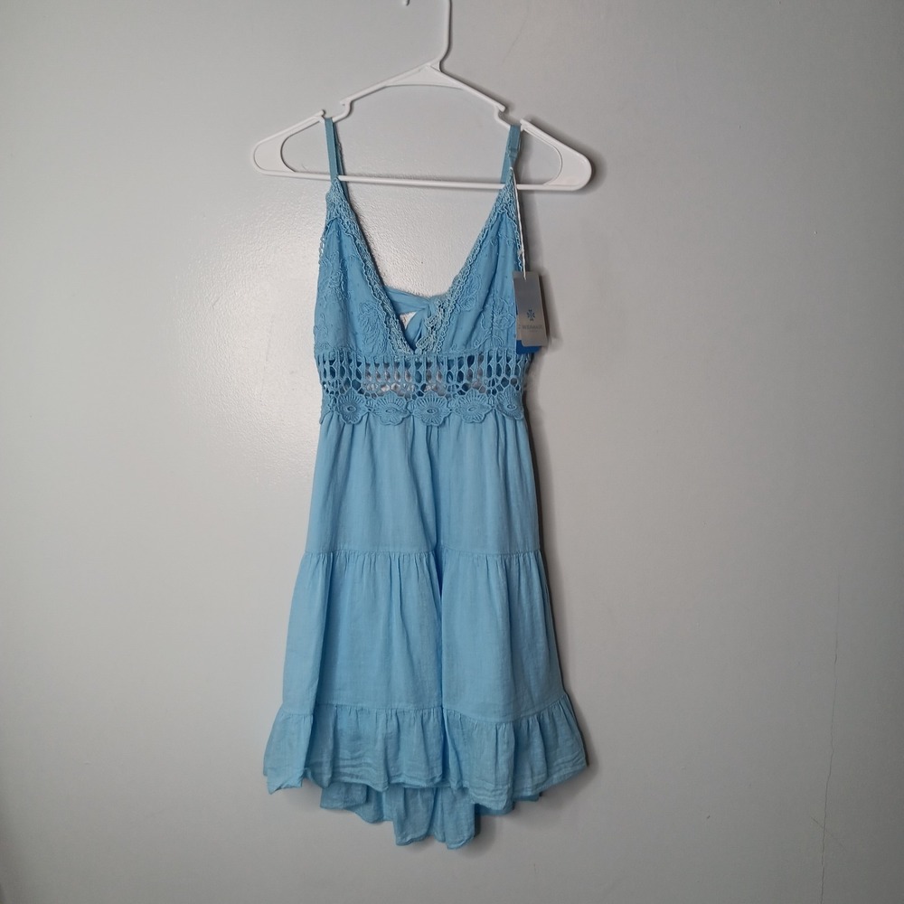 NWT Modamalfi Tie Back Mini Dress Womens One Size Blue Crochet V-Neck Sleeveless